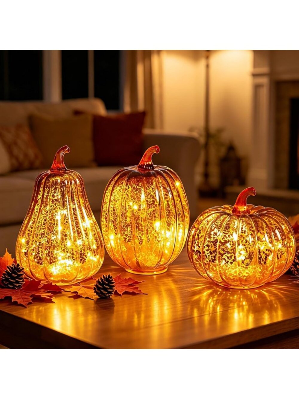 Set of 3 Mercury Glass Pumpkin Lights - Fall Halloween Home Decor Accent